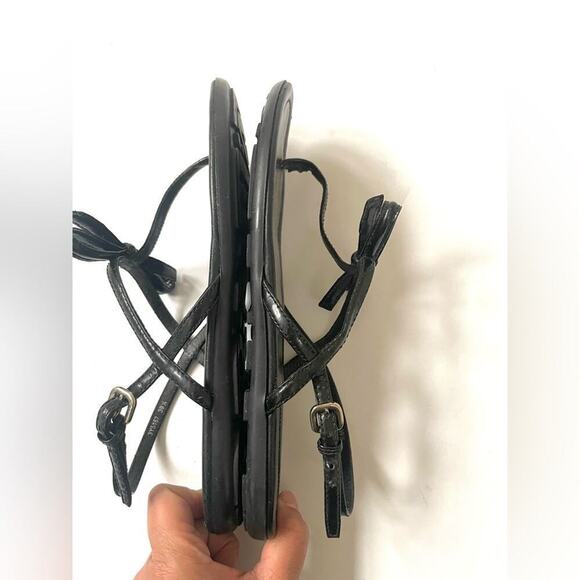 Prada Black Patent leather bow tie logo embellished T strap flat sandals EU 39.5 - Picture 7 of 13